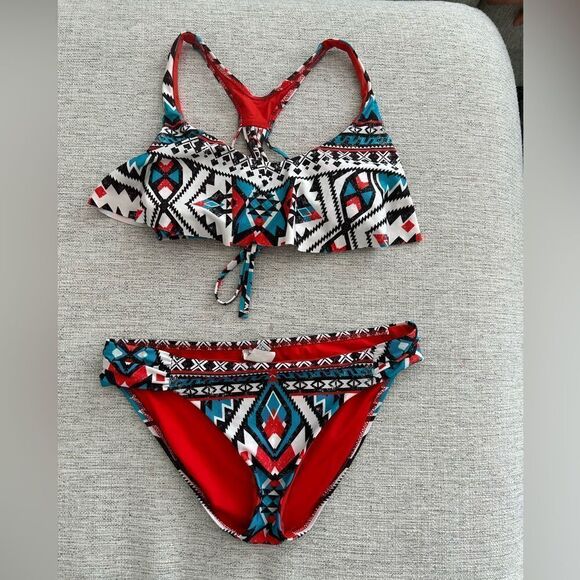 Becca by Rebecca Virtue Women's Aztec Flounce Strappy Cross Back Top Multi - Picture 5 of 16